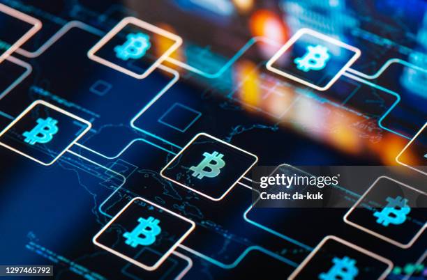 bitcoin network concept on digital screen - bitcoin mining imagens e fotografias de stock