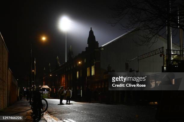 General view outside the stadium prior to the Premier League match between Fulham and Manchester United at Craven Cottage on January 20, 2021 in...