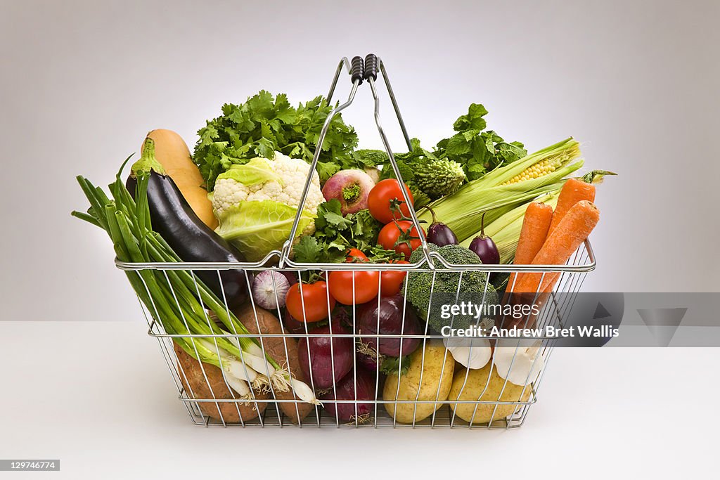 Shopping basket filled with fresh vegetables