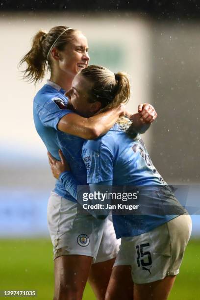 Lauren Hemp of Manchester City celebrates with team mate Steph Houghton after scoring their side's second goal during the FA Women's Continental...