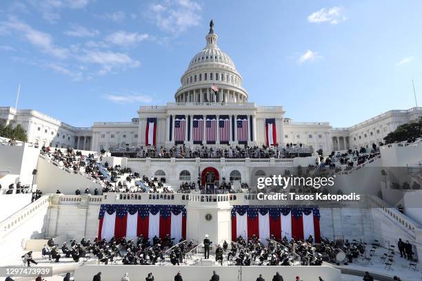 President Joe Biden delivers his inaugural address on the West Front of the U.S. Capitol on January 20, 2021 in Washington, DC. During today's...