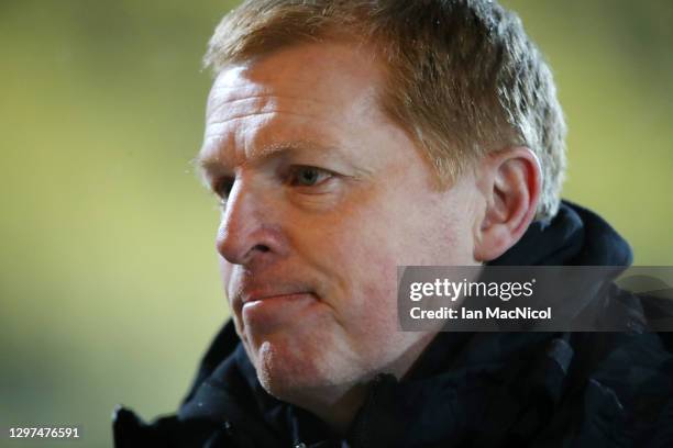 Celtic Manager Neil Lennon looks on prior to the Ladbrokes Scottish Premiership match between Livingston and Celtic at Tony Macaroni Arena on January...
