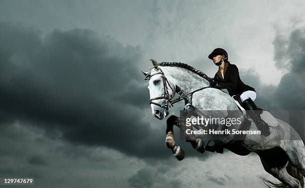 woman on horse jumping - jockey stock-fotos und bilder