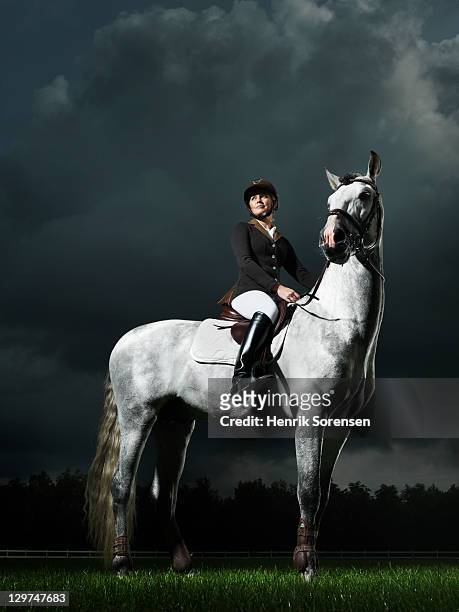 young woman on grey horse - jóquei imagens e fotografias de stock