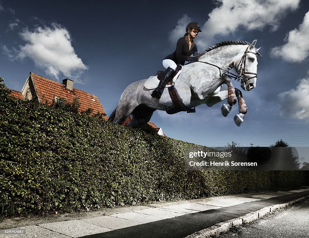 Horse and rider jumping in urban surroundings