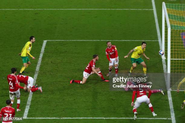 Jordan Hugill of Norwich City scores their side's second goal during the Sky Bet Championship match between Norwich City and Bristol City at Carrow...