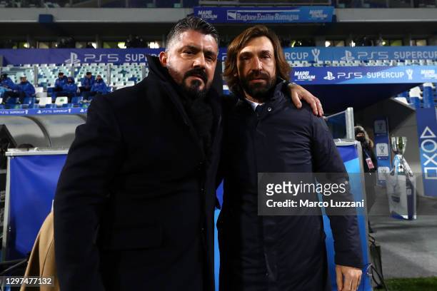 Napoli Manager, Gennaro Gattuso poses for a photo with Juventus Manager, Andrea Pirlo prior to the Italian PS5 Supercup match between Juventus and...