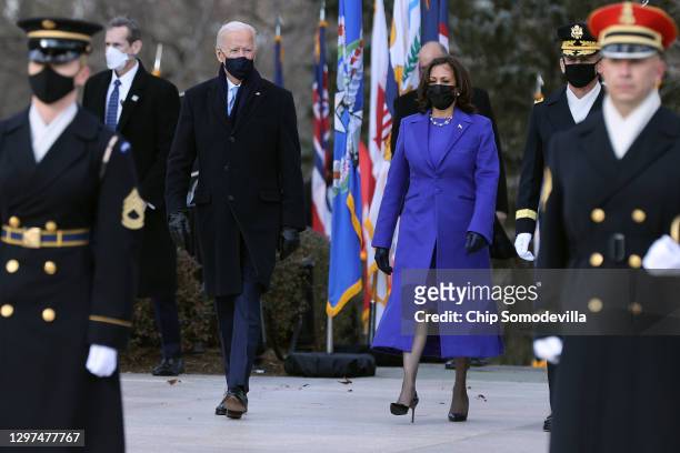 President Joe Biden and Vice President Kamala Harris attend a wreath-laying ceremony at Arlington National Cemetery's Tomb of the Unknown Soldier...