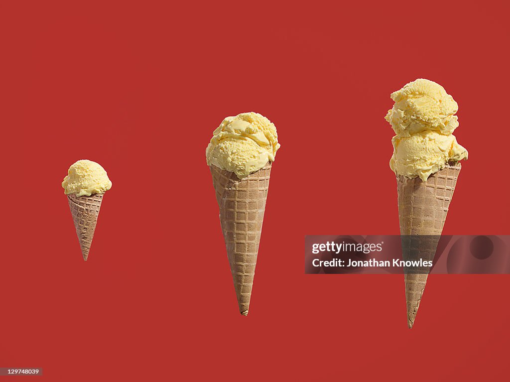 Row of ice creams with different amounts of scoops