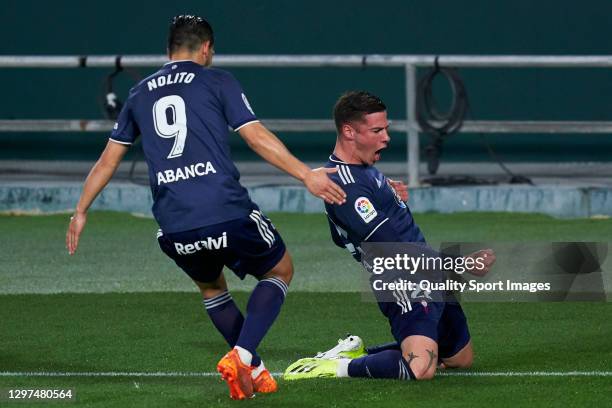 Santi Mina of RC Celta celebrates after scoring his team's first goal during the La Liga Santander match between Real Betis and RC Celta at Estadio...