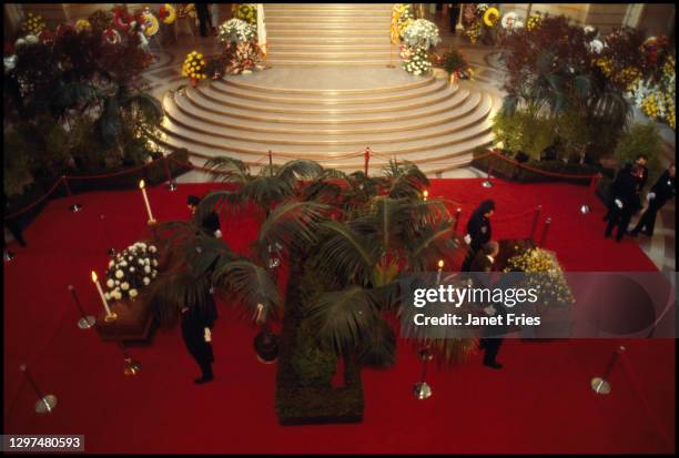 Elevated view of the coffins of San Francisco Mayor George Moscone and Supervisor Harvey Milk as they lie in state at San Francisco City Hall, San...