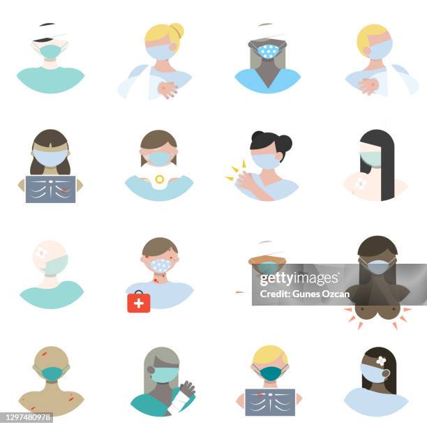physical injury icons, injured people avatars illustration - neck muscle pain illustration stock illustrations
