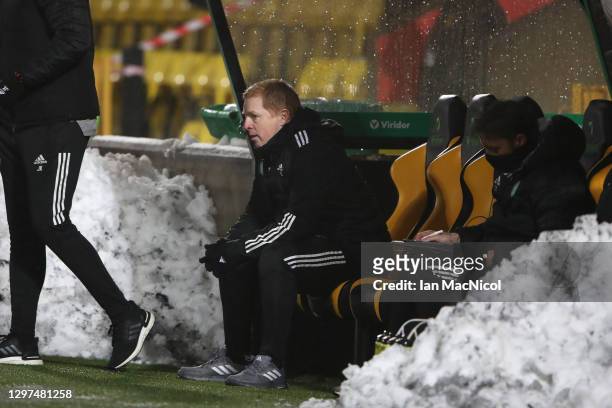 Celtic Manager, Neil Lennon looks on from the dugout during the Ladbrokes Scottish Premiership match between Livingston and Celtic at Tony Macaroni...