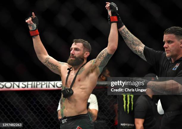 Michael Chiesa reacts after his victory over Neil Magny in a welterweight fight during the UFC Fight Night event at Etihad Arena on UFC Fight Island...