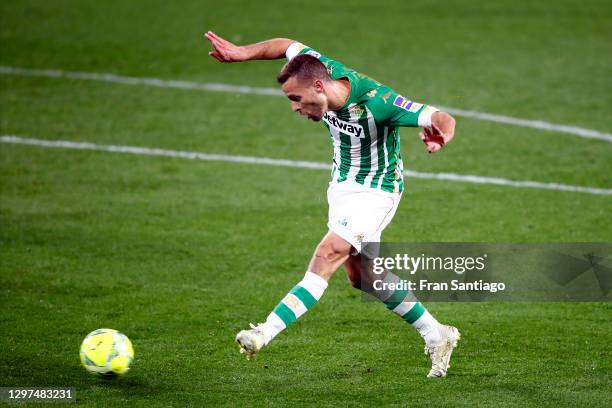 Sergio Canales of Betis scores their team's second goal during the La Liga Santander match between Real Betis and RC Celta at Estadio Benito...