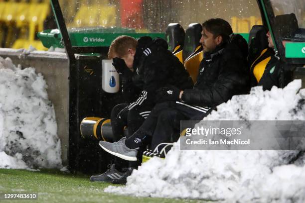 Neil Lennon, Manager of Celtic reacts during the Ladbrokes Scottish Premiership match between Livingston and Celtic at Tony Macaroni Arena on January...