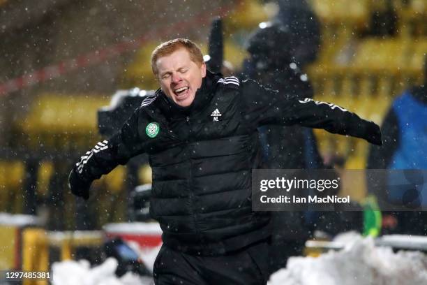 Celtic Manager, Neil Lennon celebrates during the Ladbrokes Scottish Premiership match between Livingston and Celtic at Tony Macaroni Arena on...