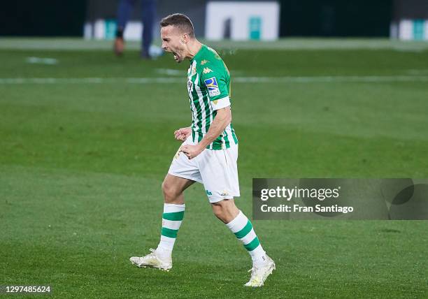 Sergio Canales of Real Betis celebrates scoring his team's second goal during the La Liga Santander match between Real Betis and RC Celta at Estadio...