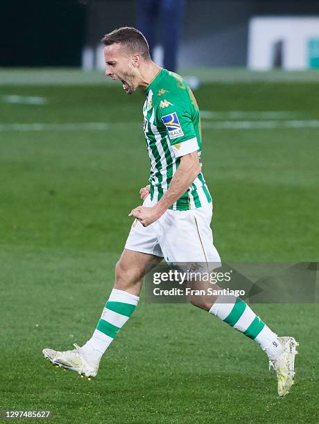 Sergio Canales of Real Betis celebrates scoring his team's second goal during the La Liga Santander match between Real Betis and RC Celta at Estadio...