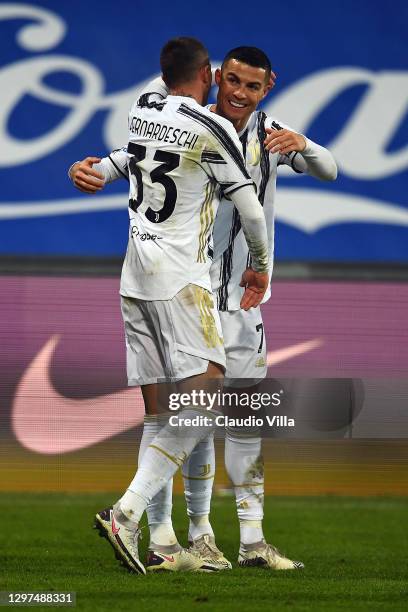 Cristiano Ronaldo of Juventus celebrates with team mate Federico Bernardeschi after scoring their sides first goal during the Italian PS5 Supercup...