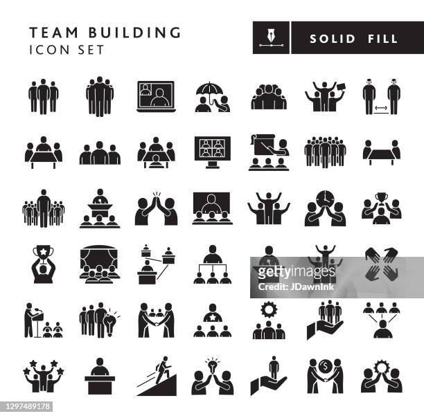 business team building solid fill style - big icon set - business meeting stock illustrations