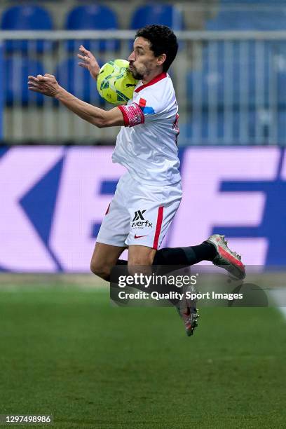 Jesus Navas of Sevilla FC controls the ball during the La Liga Santander match between Deportivo Alavés and Sevilla FC at Estadio de Mendizorroza on...