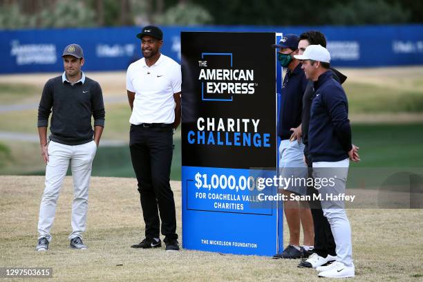 Landon Donovan, Tony Finau, Phil Mickelson, Jake Owen and Paul Casey pose for a picture prior to The American Express Charity Challen ge on January...