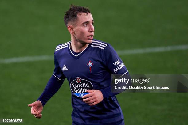 Emre Mor of RC Celta looks on during the La Liga Santander match between Real Betis and RC Celta at Estadio Benito Villamarin on January 20, 2021 in...