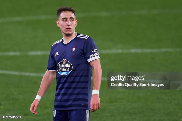 Emre Mor of RC Celta looks on during the La Liga Santander match between Real Betis and RC Celta at Estadio Benito Villamarin on January 20, 2021 in...