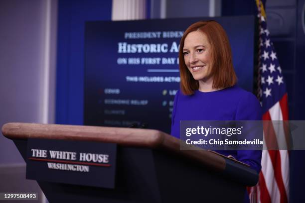 White House Press Secretary Jen Psaki conducts her first news conference of the Biden Administration in the Brady Press Briefing Room at the White...