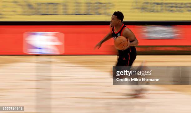 Kyle Lowry of the Toronto Raptors brings the ball up during a game against the Charlotte Hornets at Amalie Arena on January 20, 2021 in Tampa,...