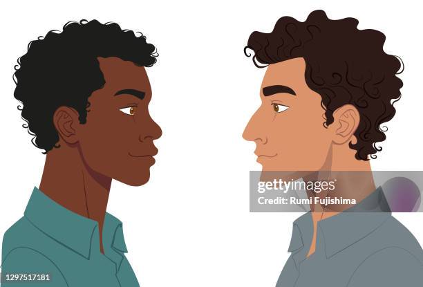 two men face to face - curly hair stock illustrations