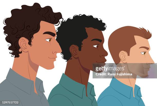 ilustrações de stock, clip art, desenhos animados e ícones de group of multi ethnic men - wavy hair