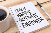 Teach inspire motivate empower, text words typography written on paper against wooden background, life and business motivational inspirational