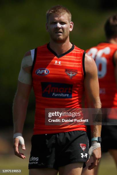 Michael Hurley of the Bombers looks on during an Essendon Bombers AFL media opportunity at The Hangar on January 21, 2021 in Melbourne, Australia.