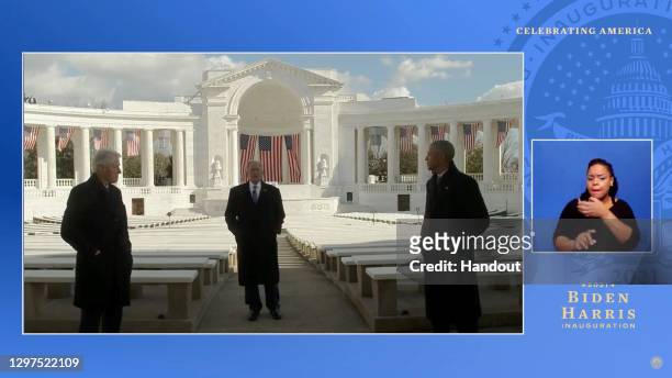 In this screengrab, Former presidents Bill Clinton, Barack Obama, and George W. Bush speak during the Celebrating America Primetime Special on...