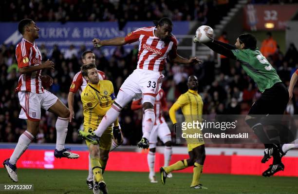 Cameron Jerome of Stoke City scores his team's second goal during the UEFA Europa League Group E match between Stoke City and Maccabi Tel-Aviv FC at...