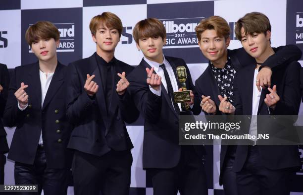 Suga, Jin, Jungkook, RM and Jimin of BTS attend the press conference for the 2017 Billboard Music Award at Lotte Hotel Seoul on May 29, 2017 in...