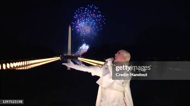 In this screengrab, Katy Perry performs during the Celebrating America Primetime Special on January 20, 2021. The livestream event hosted by Tom...