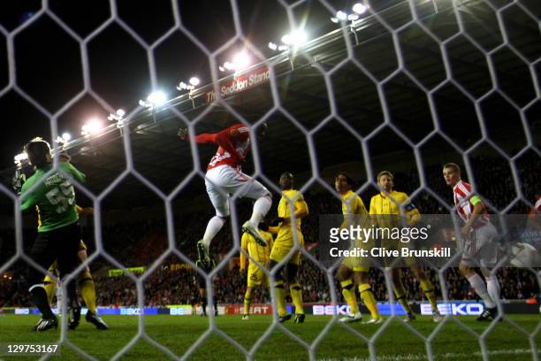 Kenwyne Jones of Stoke City scores his team's first goal during the UEFA Europa League Group E match between Stoke City and Maccabi Tel-Aviv FC at...