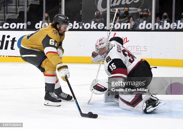 Mark Stone of the Vegas Golden Knights scores a second-period goal against Darcy Kuemper of the Arizona Coyotes during their game at T-Mobile Arena...