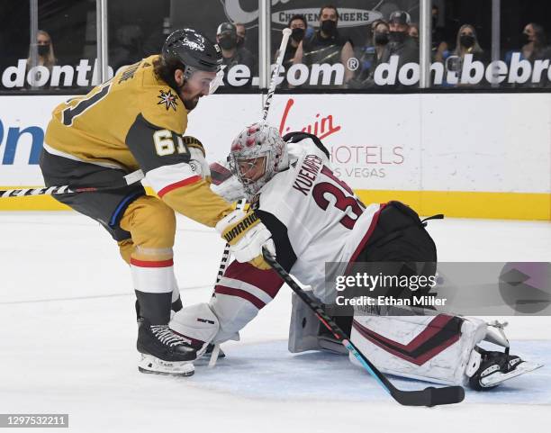 Mark Stone of the Vegas Golden Knights scores a second-period goal against Darcy Kuemper of the Arizona Coyotes during their game at T-Mobile Arena...