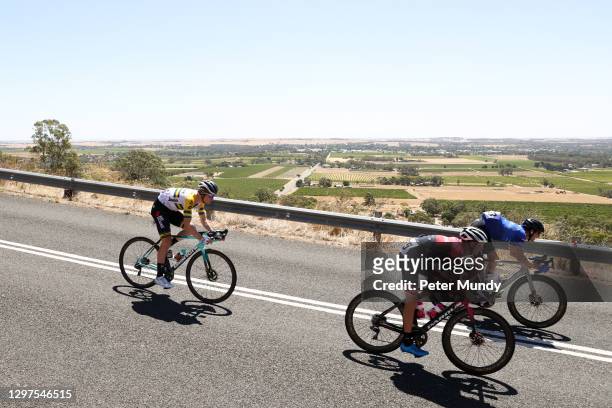 Sam Crome of Team St George Continental Cycling and Cameron Meyer of BikeExchange descending Menglers Hill during the Men's Ziptrak Stage 1 from...