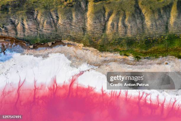 aerial view of the salty pink lake. pink salt lake hutt lagoon - westaustralien stock-fotos und bilder