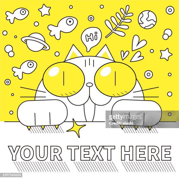 ilustrações de stock, clip art, desenhos animados e ícones de smiling cat with big eyes peeking behind a blank sign, with fantasy background - cat food