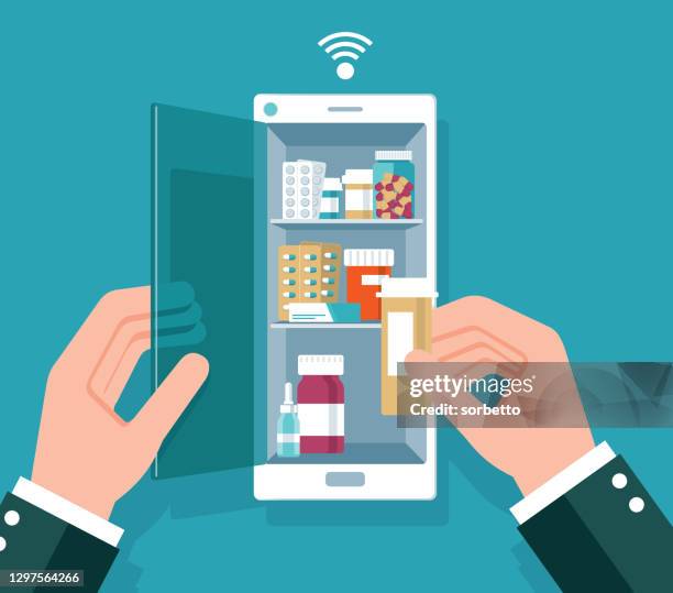 online pharmacy - supplements hand stock illustrations