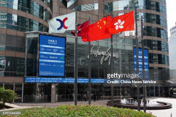 The Chinese and Hong Kong flags flutter as screens display the Hang Seng Index outside the Exchange Square complex, which houses the Hong Kong Stock...
