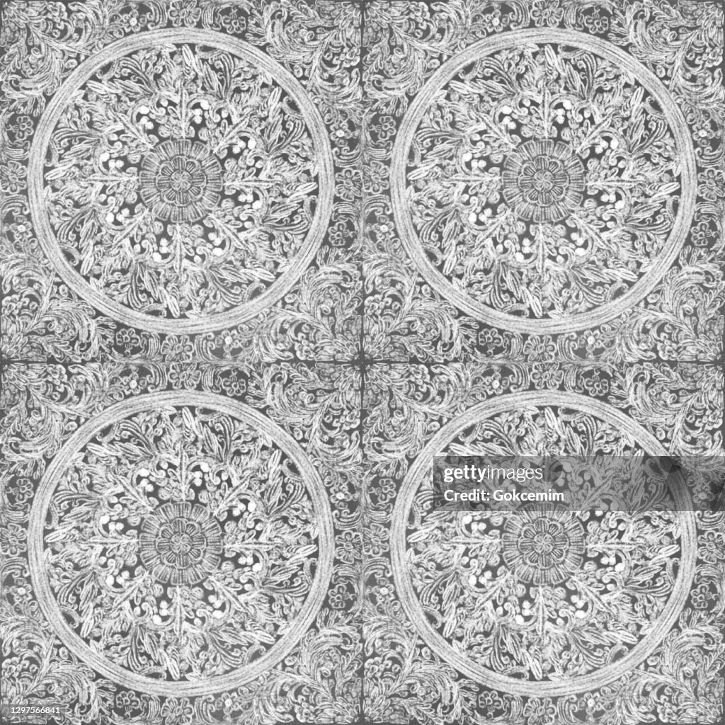 Hand drawn Circle Floral Seamless Pattern with White Chalk on Gray Background. Floral Medallion Pattern, Abstract Mandala Pattern Flowers and Paisley Doodle , Henna Decorative Mandala Tile, Ethnic Flower Decoration Ornament, Floral Indian Design.