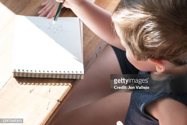 close-up of a child drawing in a notebook on top of a wooden desk. - portrait of school children and female teacher in field stock pictures, royalty-free photos & images