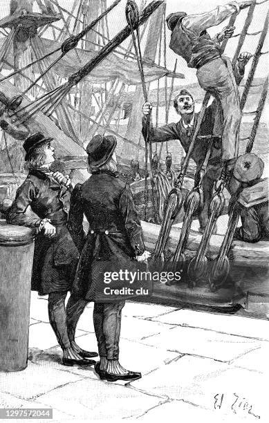sailors at work on deck, 2 tourists looking - decking stock illustrations